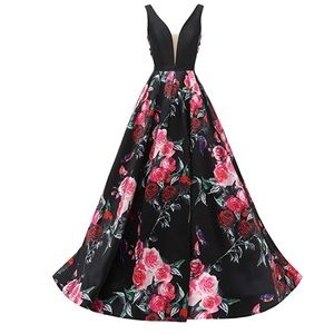 Prom/Formal Gown Black with Flowers Size 4